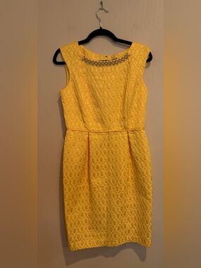 Ellen Tracy Sunny Yellow Midi Dress w/ Beaded Neckline, size 6